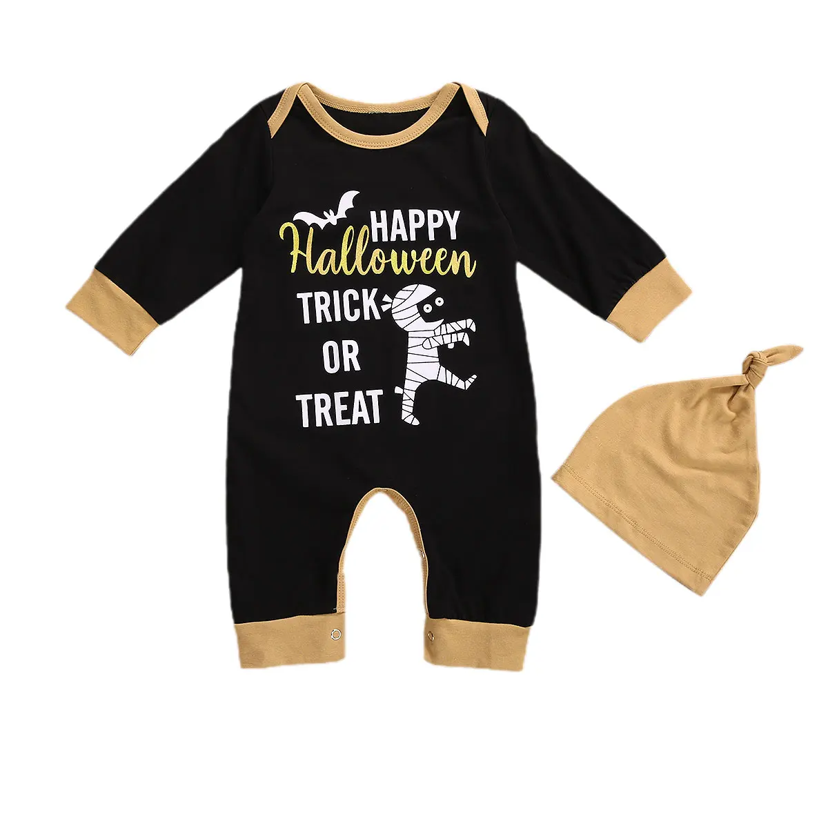 

Newborn Baby Girls Boys Halloween Clothes O-Neck Long-Sleeves Rompers with Cartoon Bat Zombie Printing + Solid Color Hat 0-12M