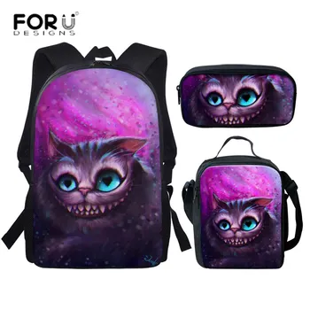 

FORUDESIGNS 3pcs School Bags Set for Kids Cheshire Cat Print School Backpack Children Primary Schoolbag Boys Girls sac a dos New