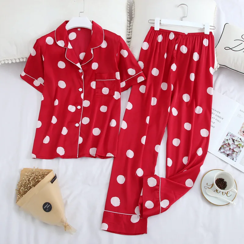 red set Fiklyc нижнее белье весна две части женская пижама в горошек с коротким рукавом наборы женский домашний костюм пижамы искусственный шелк тонкий стиль хит - Цвет: red set