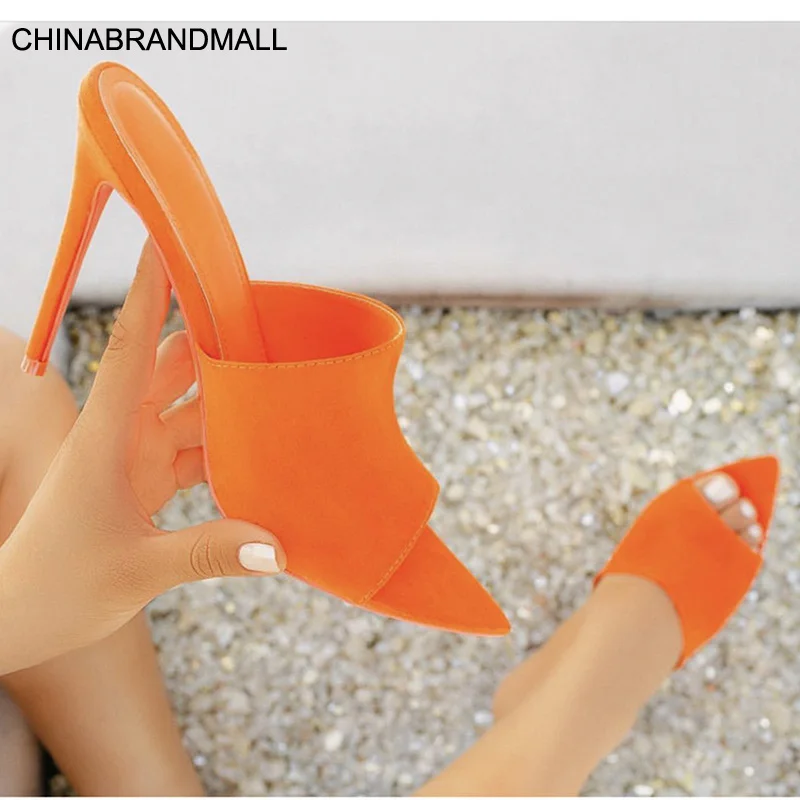 

Pointed Toe High Heel Slippers Sandals Woman Shoes Candy Orange Blue Green Nude Blc Women Shoes Sandalias Mujer Feminina