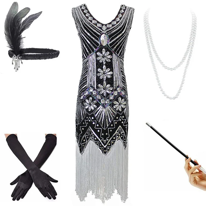Black Silver Set Винтажное платье размера плюс S1920s Gastby с блестками и сеткой в стиле модерн, украшенное бахромой, черный/зеленый/белый/золотой - Цвет: Black Silver Set