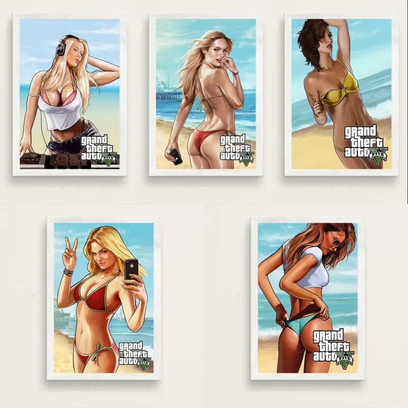 Винтажная Популярная Игровая Обложка Grand Theft Auto 5 бикини Горячая Девушка GTA видео холст картина плакат