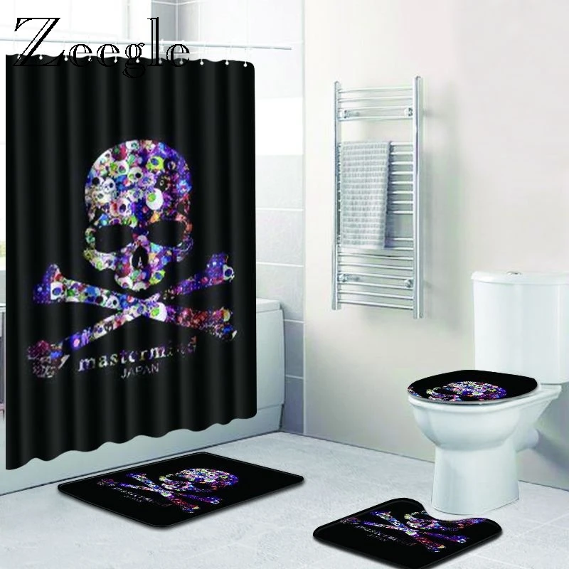 Zeegle Creative Bath Mat with Shower Curtain Set Toilet Pedestal Rug Anti-Slip Soft Toilet Pedestal Rug Bathroom Set with Hooks