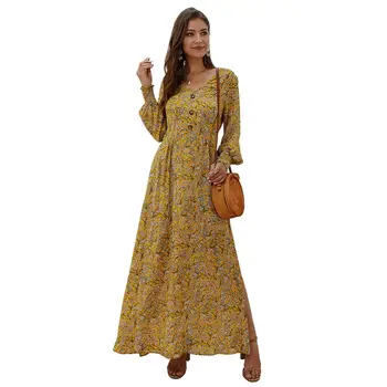 

Hot Boho Women Long Sleeve V Neck Leaves Print Buttons Decor Side Slit Maxi Dress