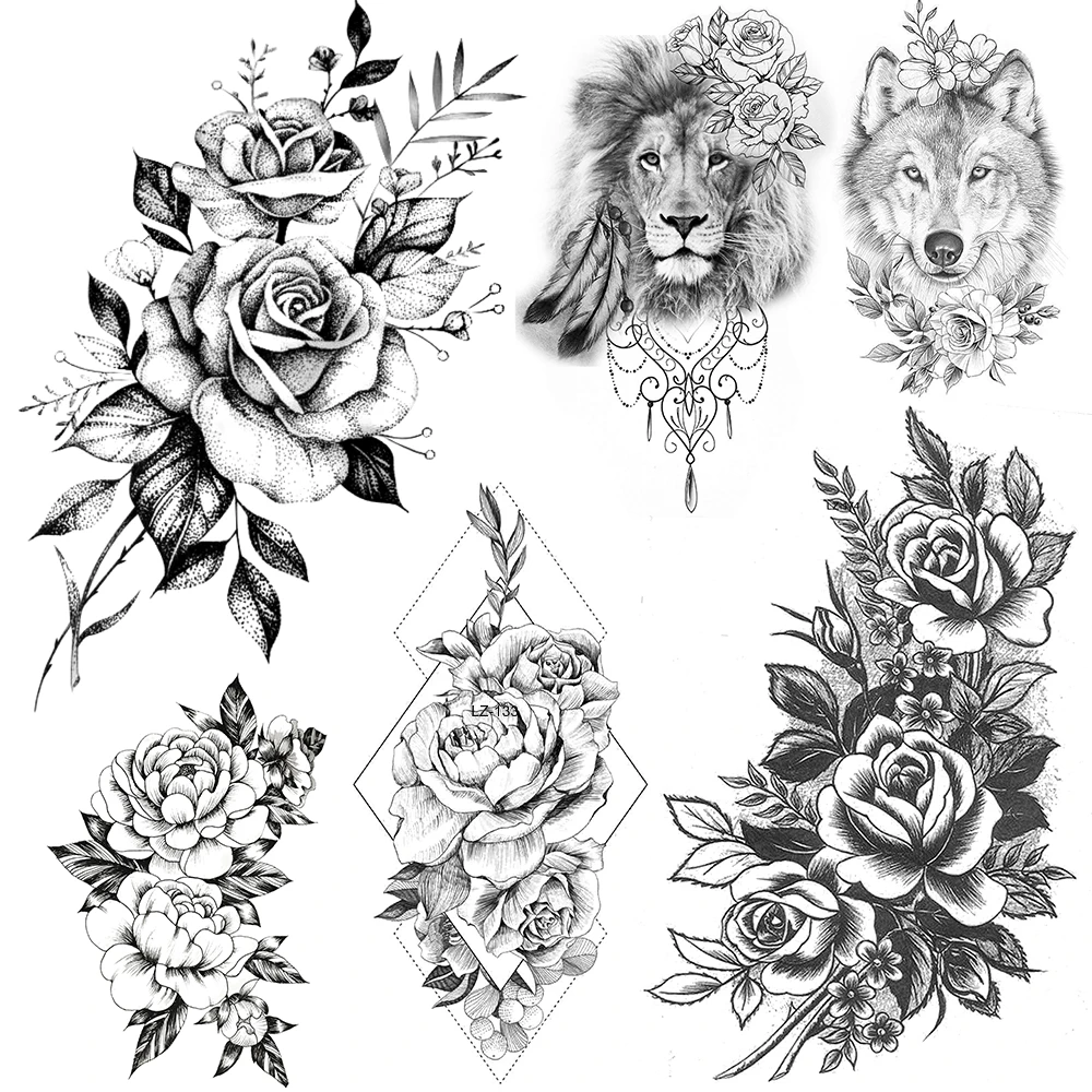 Sexy Bunch Of Flower Temporary Tattoos For Women Henna Lion Tatoos Adults Body Art Realistic 3d Fake Rose Bouquet Tattoo Sticker Temporary Tattoos Aliexpress