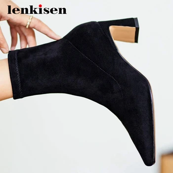 

Lenkisen stretch boots real leather european design all-match small square toe high strange heel slip on mature ankle boots L97