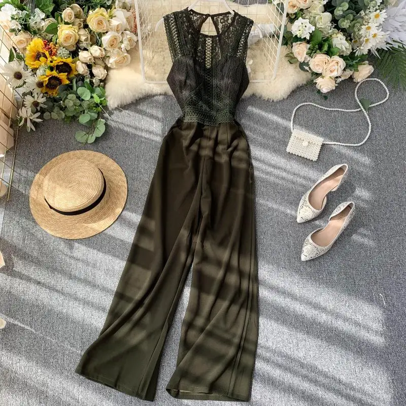 ALPHALMODA Hollow Back Sexy Women Lace Patchwork Rompers Sleeveless Solid Color Straight Leg Women Fashion Jumpsuit