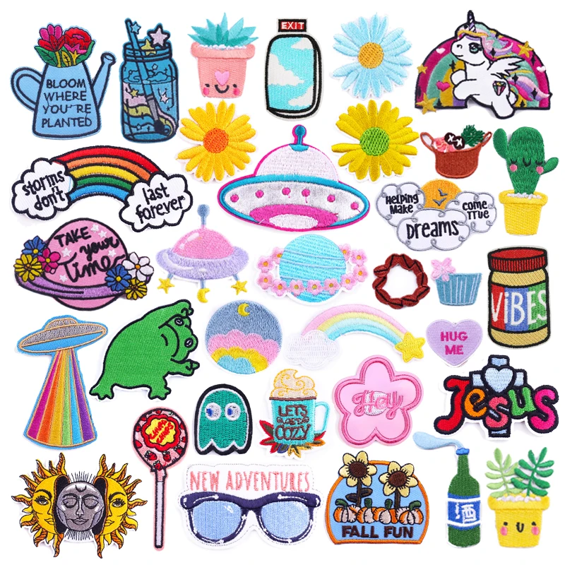 cartoon style iron on patches on clothes rainbow unicorn space ufo embroidered patches for clothing plants unflower applique patches aliexpress