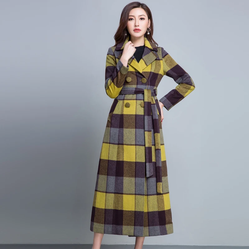 Casaco feminino, длинное осенне-зимнее шерстяное пальто, женское повседневное клетчатое пальто с цветочным принтом, толстое теплое пальто на пуговицах с карманом - Цвет: Coloured lattices