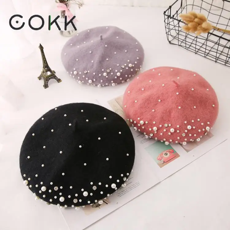 

COKK Winter Wool Beret With Rhinestone Pearls Beads Female Wool Cap Winter Autumn Spring Hat Solid Color Top Quality Women Boina