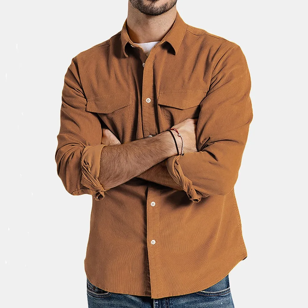 Осенние модные мужские рубашки вельветовые повседневные с длинным рукавом