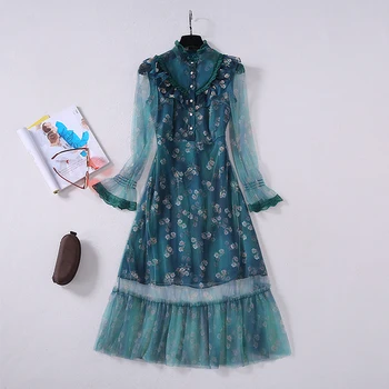 

HIGH QUALITY Newest Fashion 2020 Gauze Dress Women's Elegant Flare Long Sleeve Vintage Blue Floral Printed Patchwork Mesh Dress