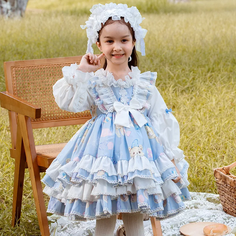 Sweet Cute Kid Princess Dress Exquisite Print Bear Loli Lolita Dress Soft Cotton Girl Halloween Carnival Stage Performance Suit