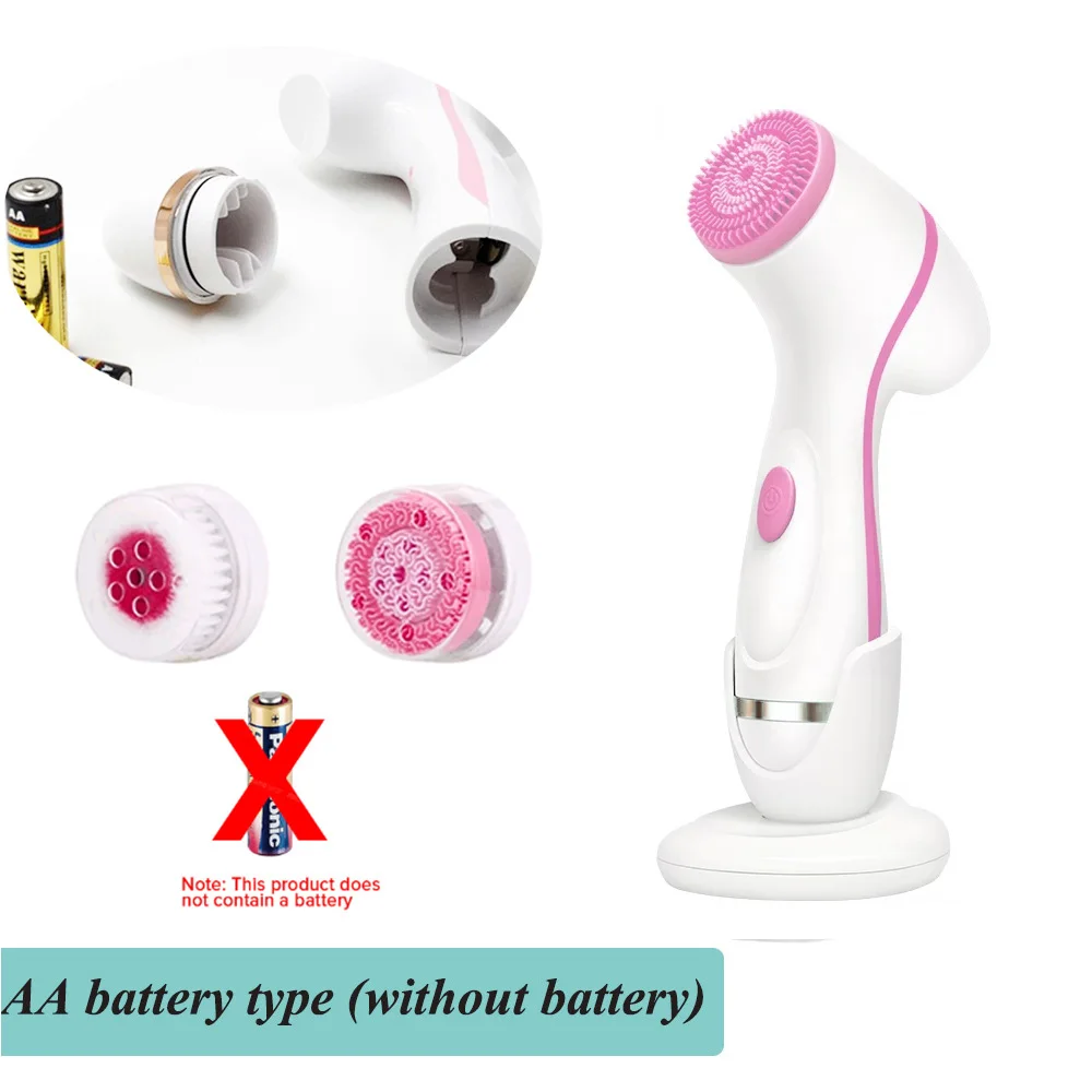Battery PINK Очищающая лицевая щетка, очищающая вращающаяся перезаряжаемая щетка для лица с 3 головками, полная спа-система для лица, косметический массаж лица - Color: Battery PINK