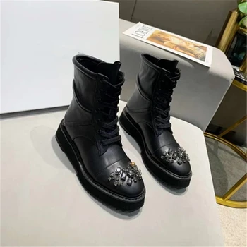 

Women Lace-up Martin Boots Crystal Stone Round Toe Thick Flat Sole ankle boots Genuine Leather keeps warm in autumn and winter
