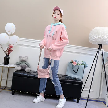 

HOPE Letter Print Hoodies Sweatshirts Women Spring Autumn Fleece Casual Harajuku Streetwear Contrast Color Patchwork Hooded Tops