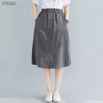 

Summer New Vintage Elastic Waist Women Mid Skirt 2020 Retro Big Pockets Straight Women's Mid Skirt Black Casual Button Mid Skirt