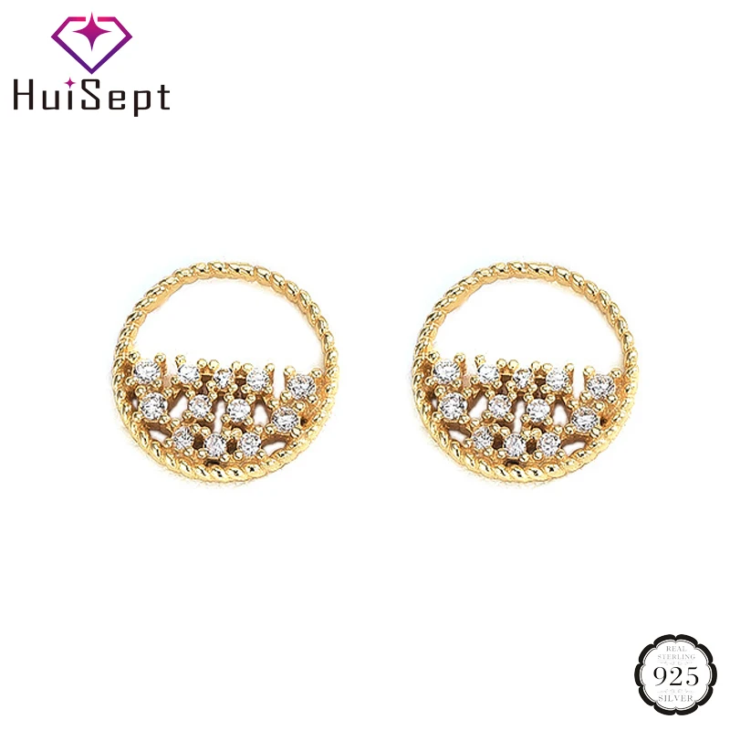 

HuiSept Fashion Stud Earrings for Women 925 Sterling Silver Jewellery Round Zircon Gemstone Earrings Wedding Wholesale Rose Gold