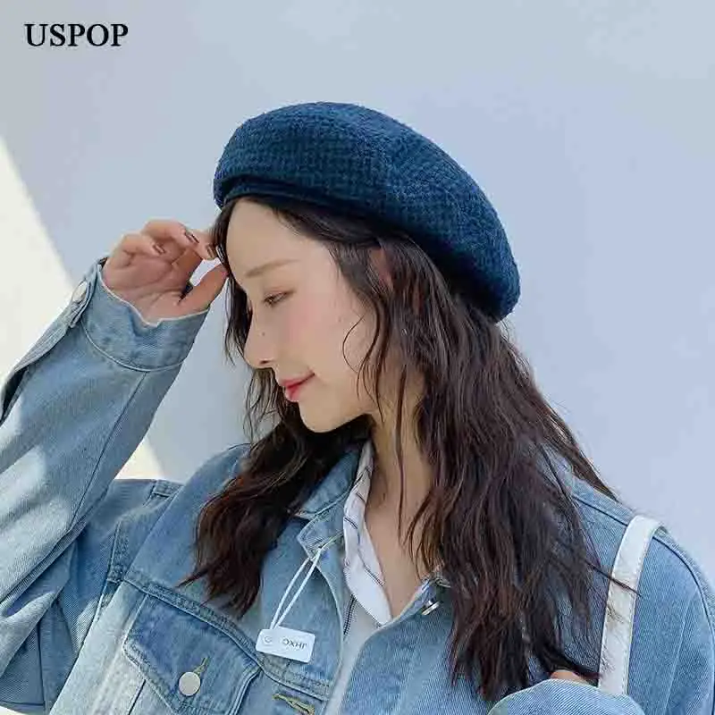 

USPOP 2019 Winter hats women wool berets British vintage plaid beret tweed painter cap
