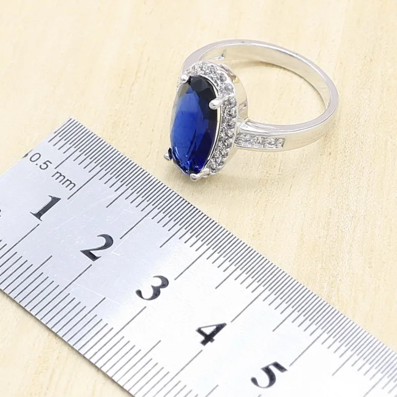 Геометрический 925 пробы серебра набор украшений для женщин темно-синий Цирконий Браслет серьги ожерелье кулон кольцо подарок на день рождения