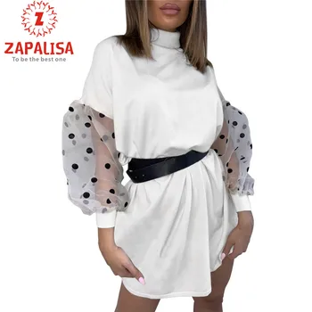 

Zapalisa Black White Winter Dress Women Elegant Puff Long Sleeve Turtleneck Mini Bodycon Dress Polka Dot Print Mesh Patchwork