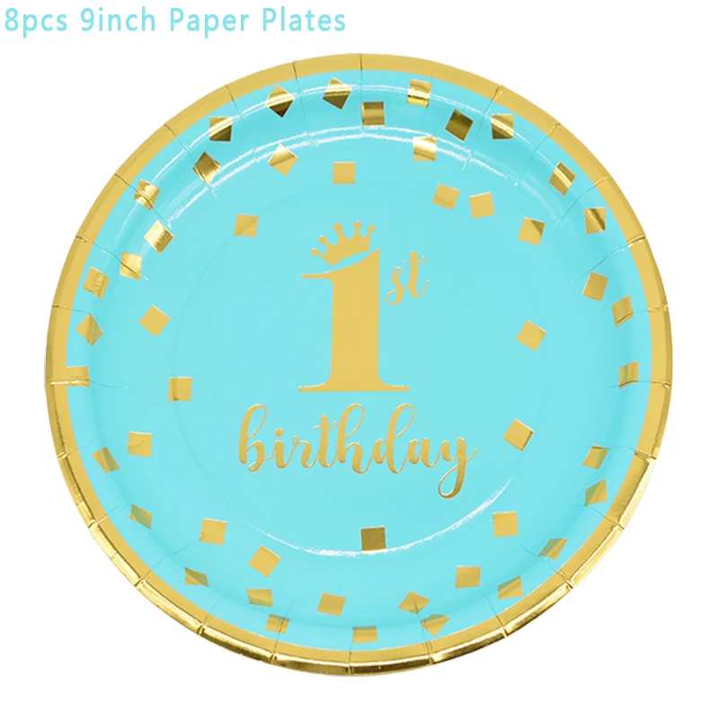 Boy Girl 1st Birthday Party Decor Disposable Tableware Kit Blue Pink Plate Cups Napkins Baby Shower Kids Birthday Party Supplies - Цвет: 8pcs 9inch Plates