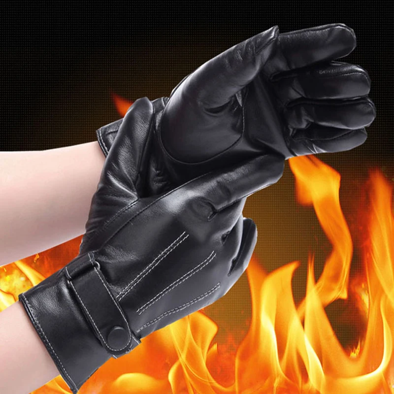 Winter Black Leather Gloves Unisex Outdoors Windproof Warm Touch Screen