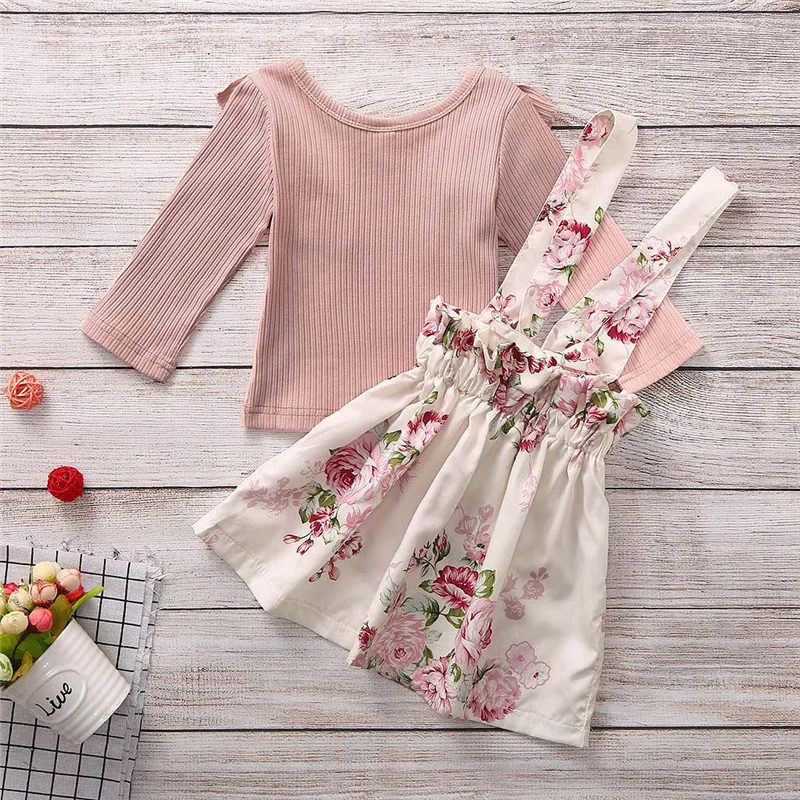 Toddler Baby Girls Long Sleeve Solid Tops+Floral Print Suspender Skirts Outfits vetement enfant fille #4J26 (3)
