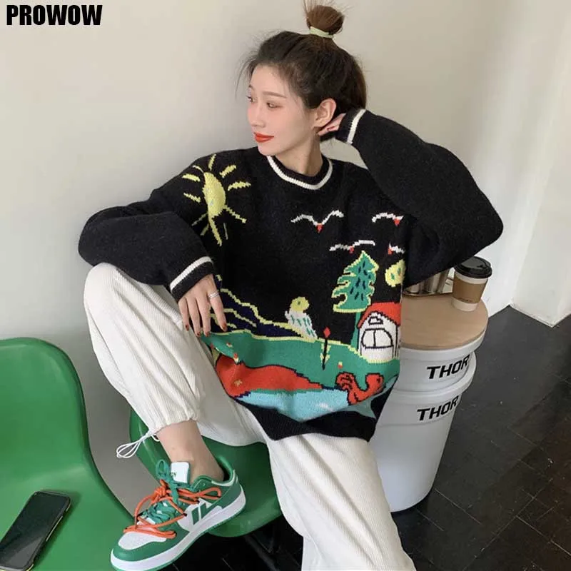 

Japanese Lady Cute Pullover Korean College Loose Sweater Tops 2020 Autumn Winter Women Graffiti Print Pullover Sweater One-Piece