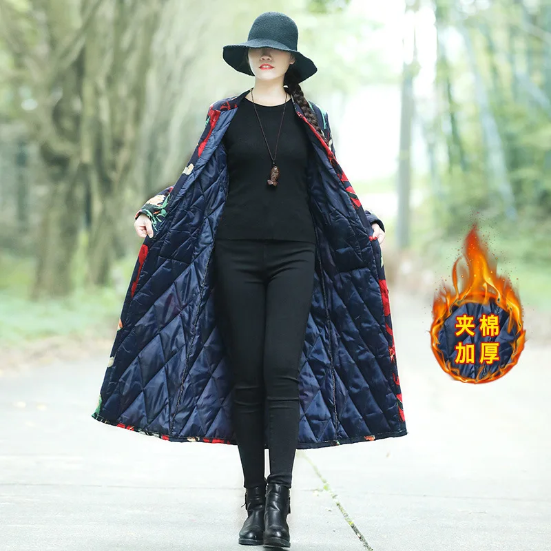 

2019 Winter Style Ethnic-Style Thick Literature And Art Printed Coat Fat Mm Slimming Comfortable Mid-length WOMEN'S Cotton-padde