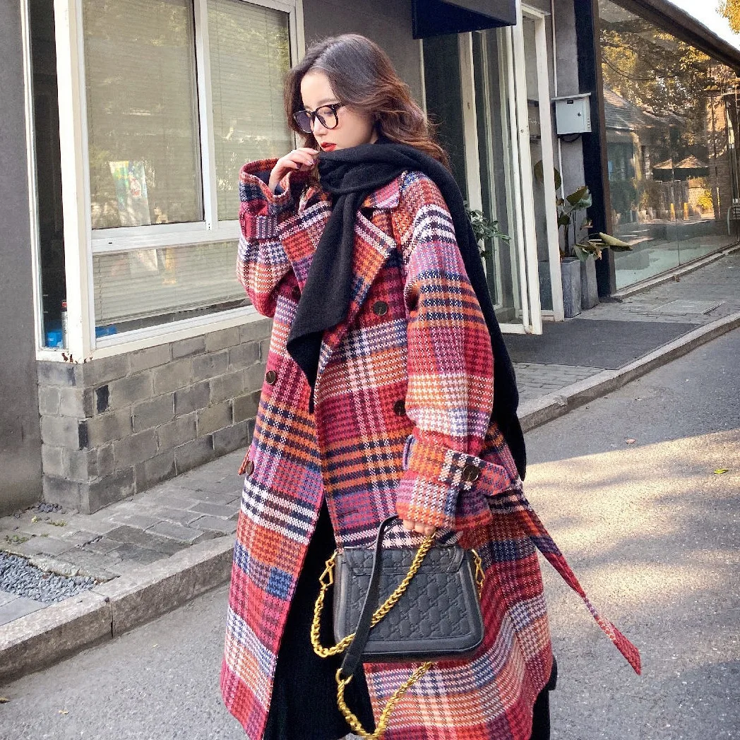 

Photo Shoot CHIC Retro Weaving Color Plaid Long Suit Collar Double Breasted Waist Hugging Lace-up Ol Woolen Coat Women's