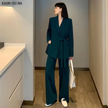

Women Pant Suits Elegant Notched Collar Korean Style Plus Size Blazer Coat Long Wide Leg Pants Office Lady Business Blazer Suit