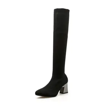 

2019 women's boots autumn and winter new over the knee boots sleek minimalist comfort plus cotton flat Flock boots Size 34-40