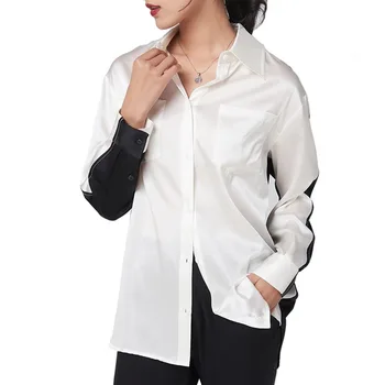 

Silk Long Sleeve Shirt Female before and after Splicing, Spring 2020) New Women's Square Neck Shirt Solid Color Commuter Series