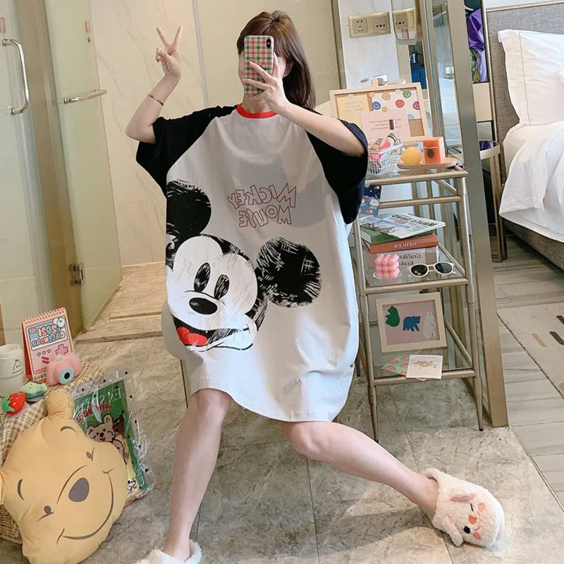 Cartoon Mickey Duck Fashion Print Summer Short Sleeve Nightdress Pajamas Women's Summer Long Skirt Loose Home Wear Pajamas