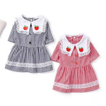 

Free shipping dog dresses plaid Embroidery apple Lace collar shirt dress pet clothes poodle yorkshire Maltese
