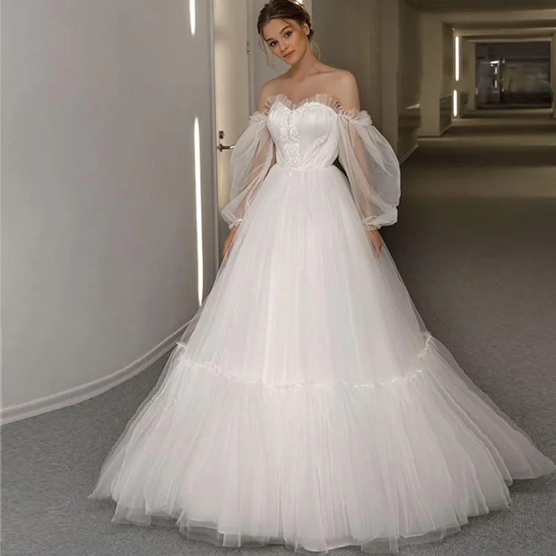 

2020 A-Line Tulle simple Wedding Dresses Lace Up Off the Shoulder Long Puff Sleeves Sweep Train Bridal Dress Vestido de novia
