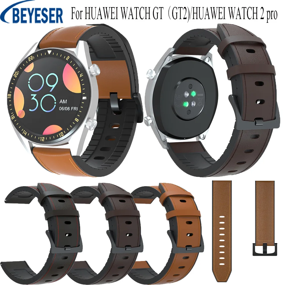 

New 22mm Wristband Fit For HUAWEI WATCH GTï¼ˆGT2)/HUAWEI WATCH2 pro Replace Leather+Silicone Band Strap Smart Bracelet accessories