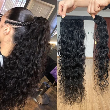 

Water Wave Wrap Around Ponytail Human Hair Brazilian Natural Wavy Remy Hair Clip In Ponytail Extensions For Women 120g