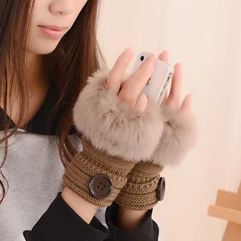

Autumn and winter warm gloves Korean version of student wool gloves imitating rabbit hair gloves lady button half finger gloves
