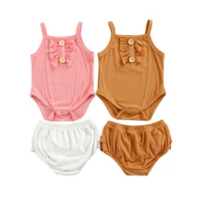 2pcs 3-24Months Toddler Baby Girls Solid Color Clothes Set,Kids Girls Sleeveless Square Collar Romper+Short Pants with Ruffles