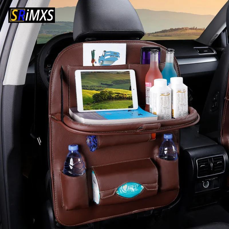 Car Seat Back Organizer Pu Leather Multi-Pocket Storage Bag Box Case Foldable Table Tray Travel Storage Bag Auto Accessories