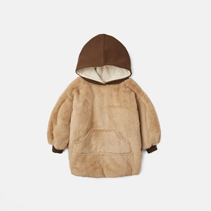 Осенне-зимняя детская одежда; плюшевая куртка; комплект с капюшоном; мягкое удобное плотное пальто с имитацией кроличьей шерсти для детей - Цвет: Brown