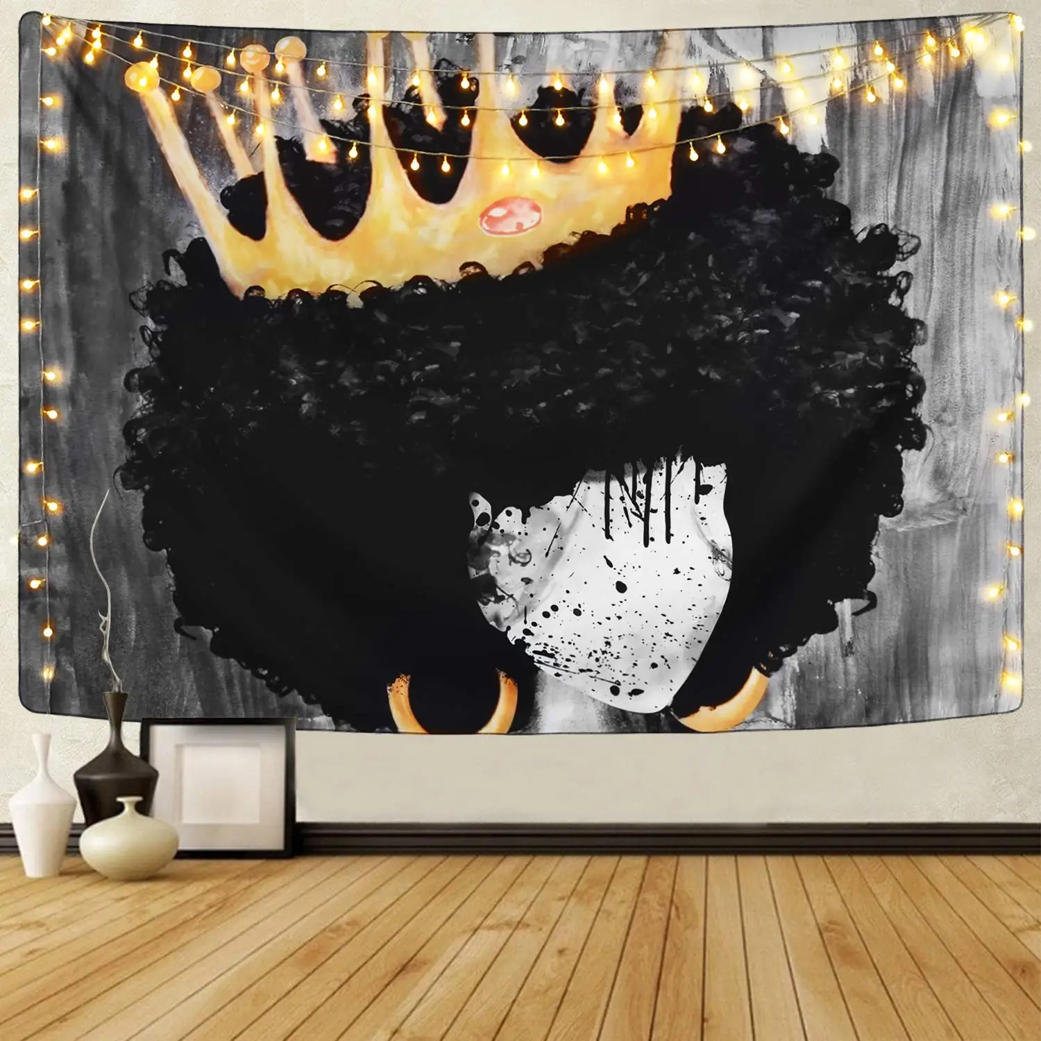 

African Girl Afro American Women Girl with Crown Tapestry Wall Hanging