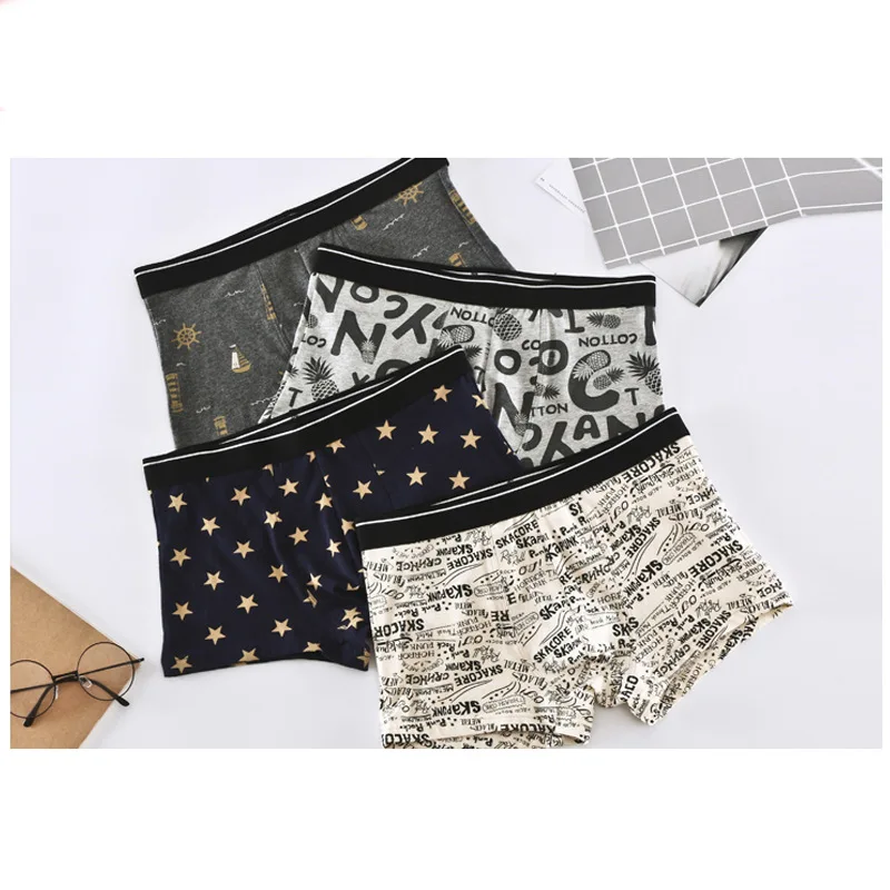 4Pcs/Lot Men Underwear Cotton Boxer Shorts Print Underpants Comfortable Breathable Lingerie Male Trunk U Convex Panties