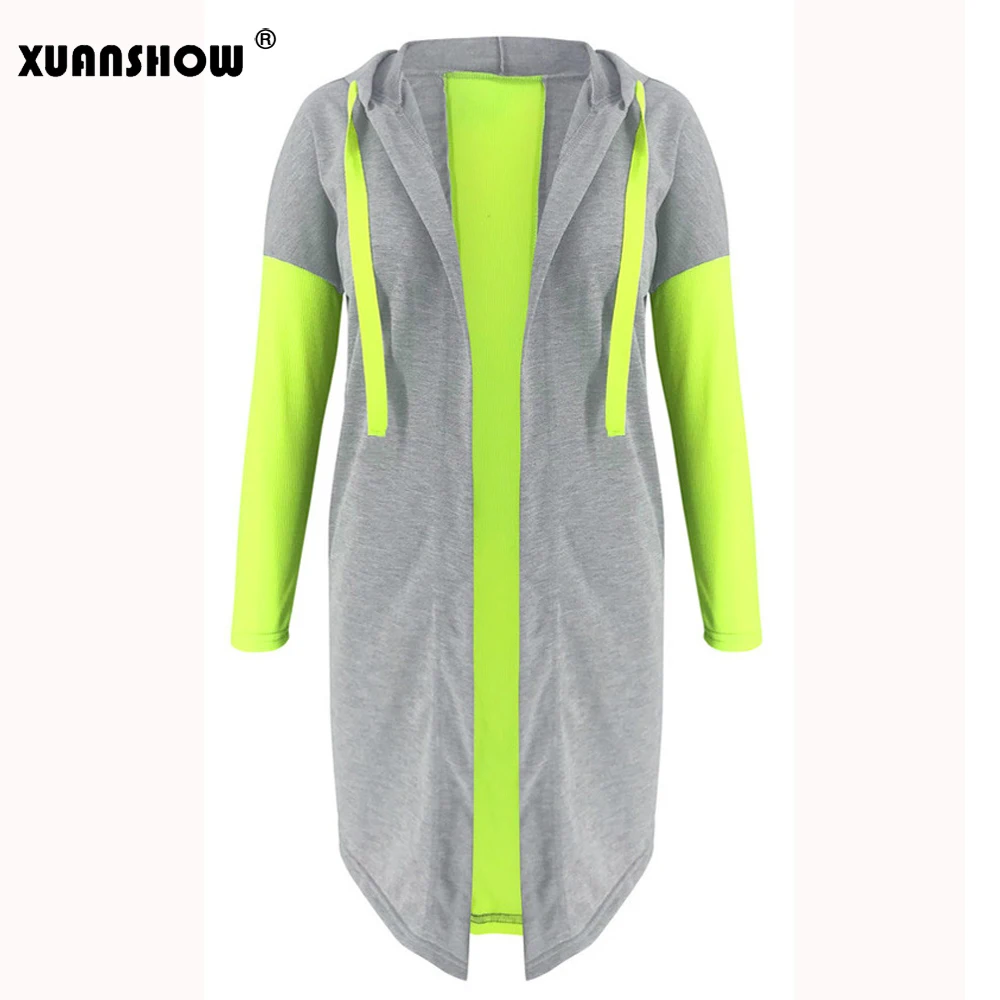 XUANSHOW/Новое поступление осенних толстовок с открытым стежком женские куртки модные Светоотражающие зеленые розовые Лоскутные Длинные женские пальто Mujer