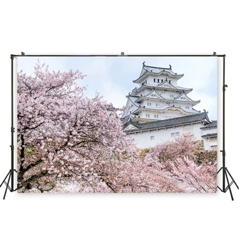 

HUAYI oil painting backdrop peach blossoms and ancient buildings background photography props XT- 6583