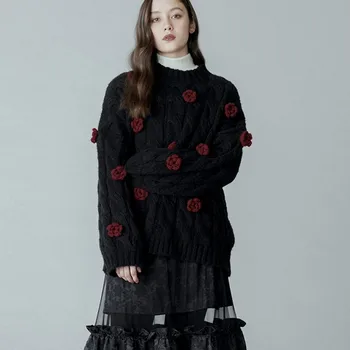 

Autumn and winter new Sen Department Fresh Flower beaded pullover sweater wild women's sweater black 2020