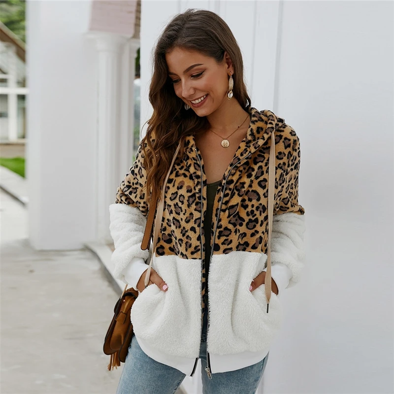 SHEIN многоцветный контрастный Леопардовый шнурок с капюшоном плюшевый жакет для женщин зима длинный рукав карман Повседневная Верхняя одежда Куртки