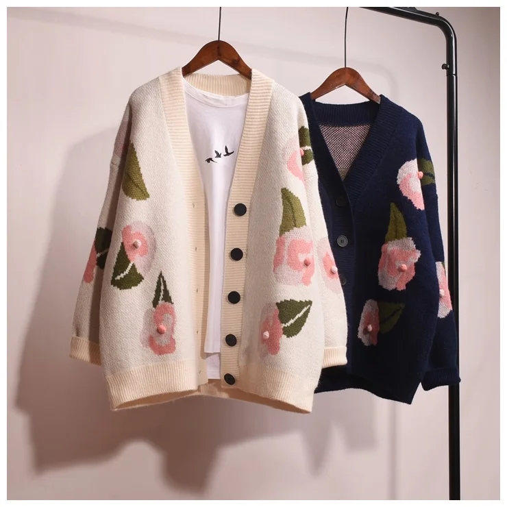 H. SA женский свитер куртка пальто вязаный Повседневный свитер кардиганы цветочный принт однобортное пальто Свободный кардиган Mujer